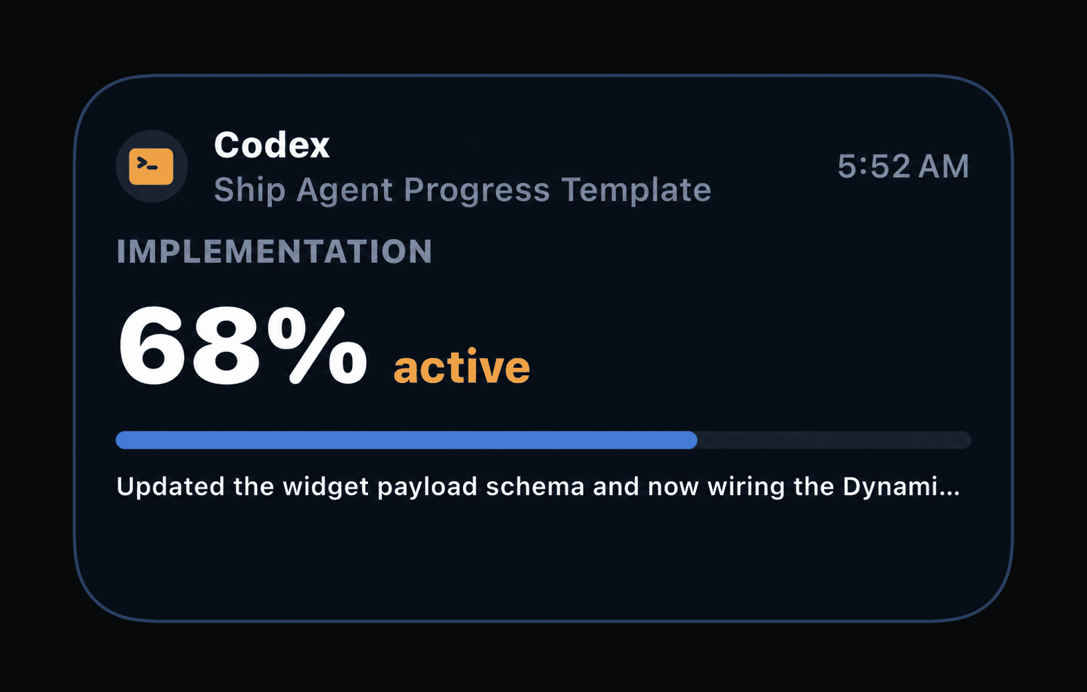 Dark Agent Alerts Codex Live Activity showing 68 percent active implementation progress.
