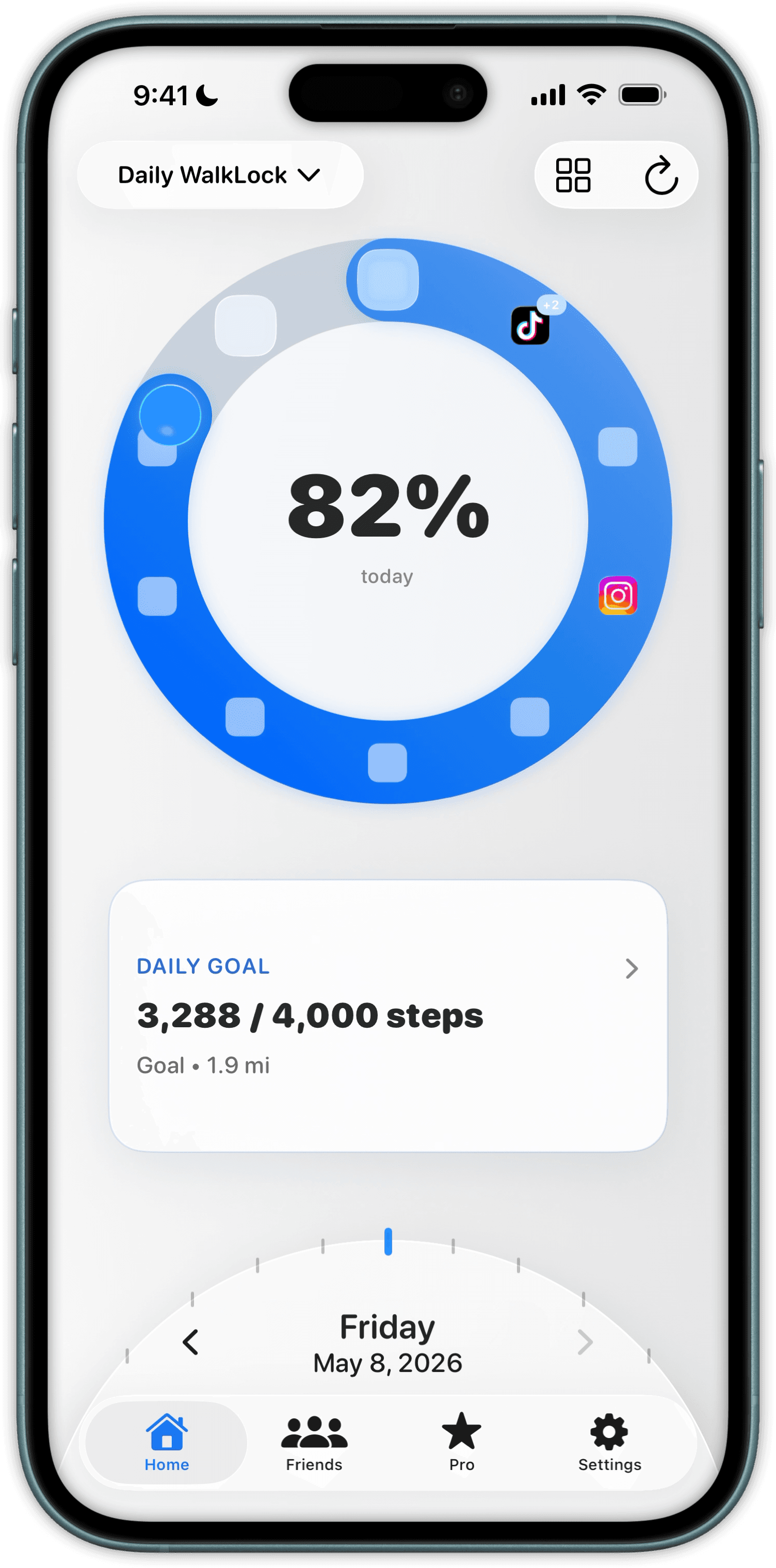 WalkLock iPhone app screenshot showing a lock progress interface.